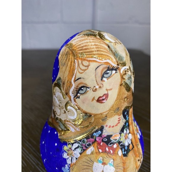 RUSSIAN ROLY POLY WOODEN‎ DOLL NEVALYASHKA Blue Cat Bell Music Ladybug Handpaint - Picture 2 of 9